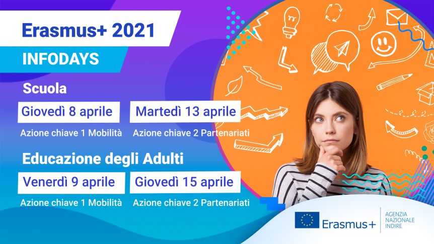 Ragazza con tante idee che volano - Infoday Erasmus+ scuola e educazione degli adulti in programma: 8 -9-13-15 aprile